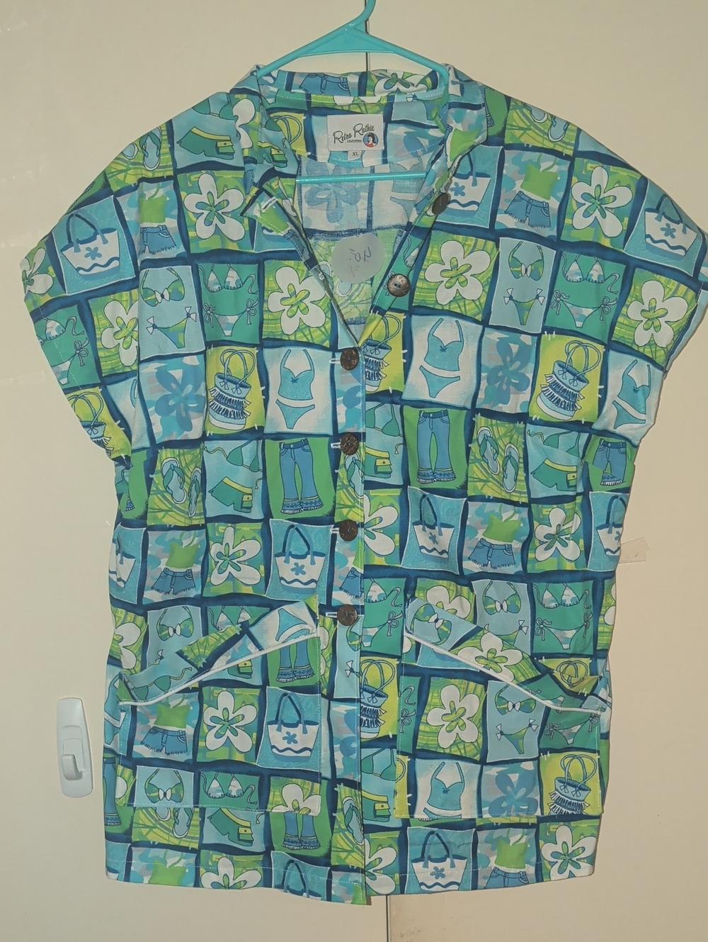 Retro Ruthie Patchwork Beach Primt Tea Timer Tiki Blouse Tunic Top NWT New XL